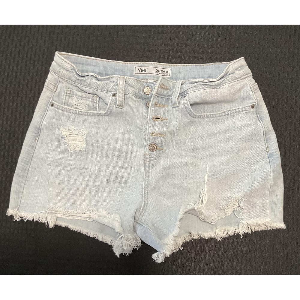 Distressed Denim Button Fly Shorts‎ Juniors Light Blue Wash High Rise Cutoff